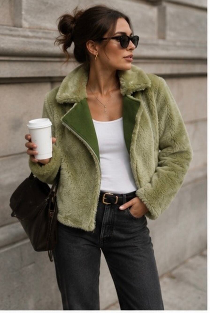 Sage Green Teddy Faux Fur Moto Jacket NWT French Designer Paul & Joe Sister US4